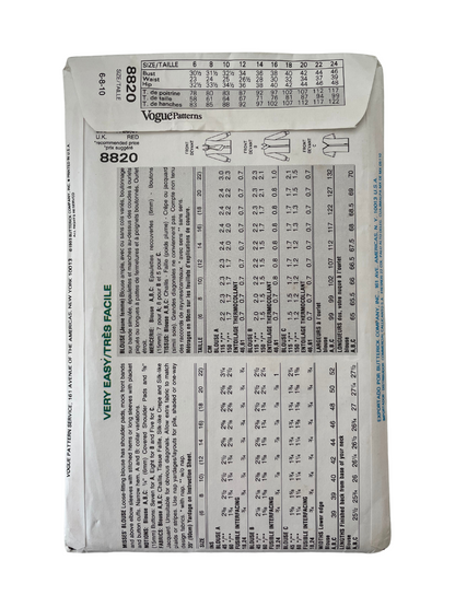 Vogue 8820 Womens Size 6-10 Top Shirt Blouse