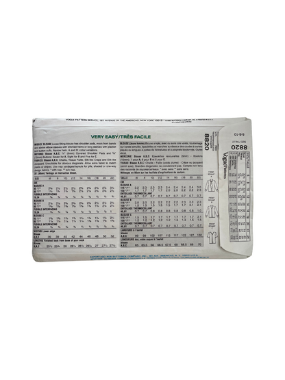 Vogue 8820 Womens Size 6-10 Top Shirt Blouse