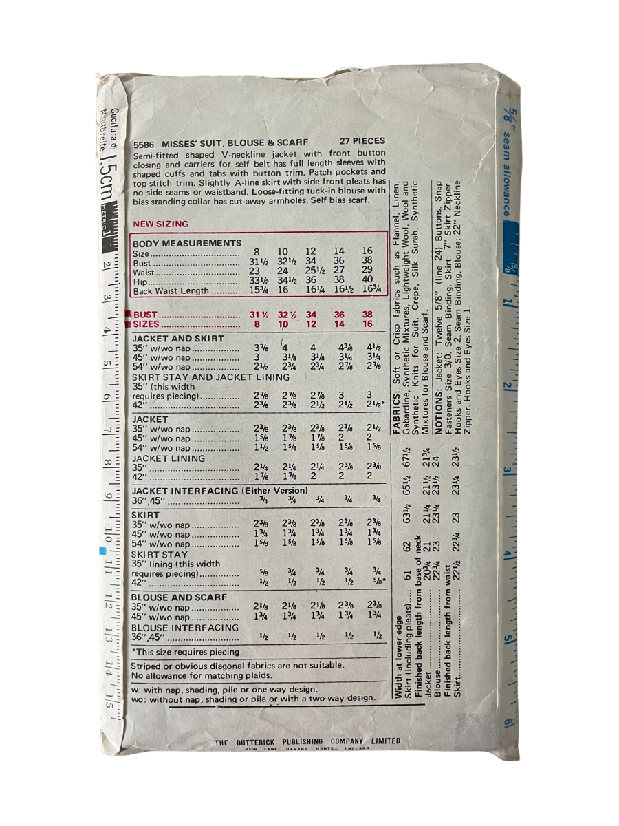 Butterick 5586 Womens Size 12 Skirt Jacket Blouse Jean Muir *