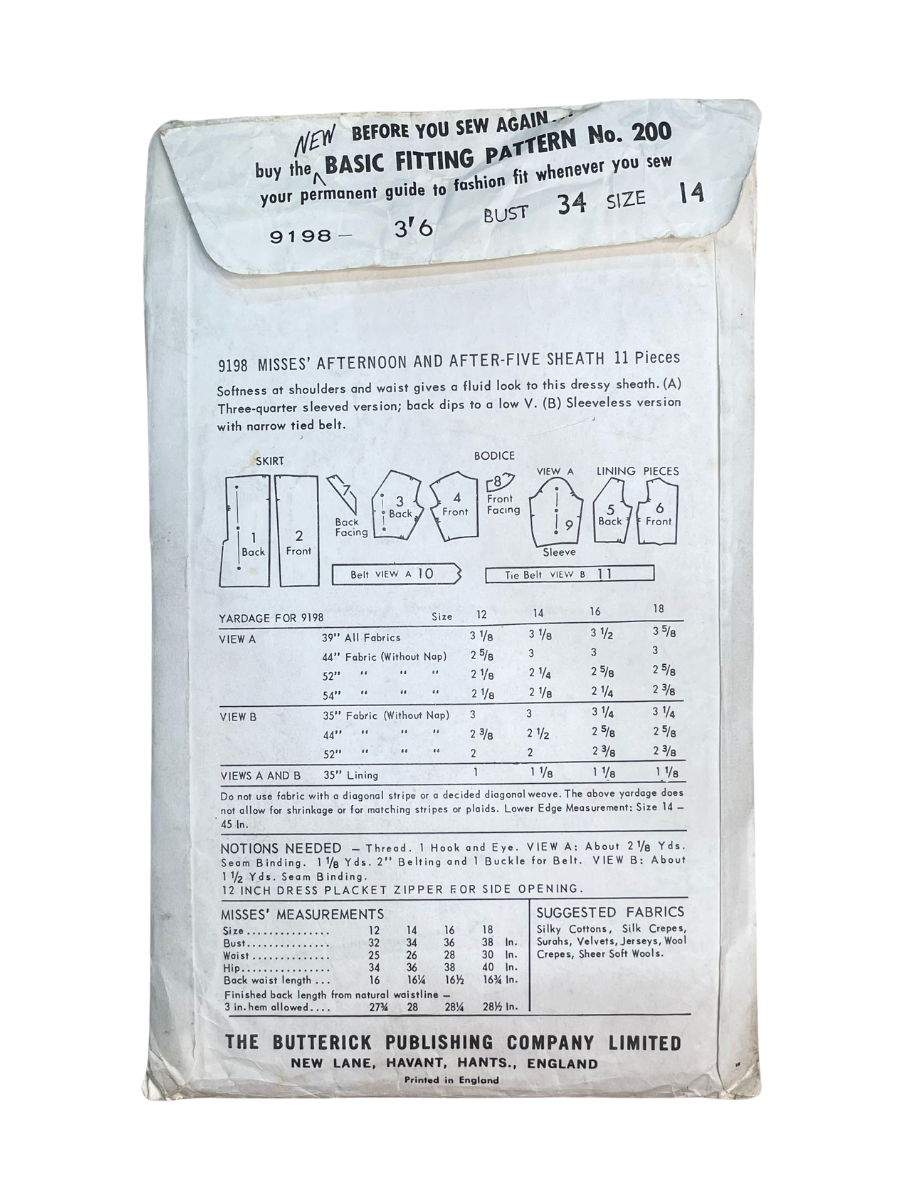 Butterick 9198 Womens Size 14 Dress