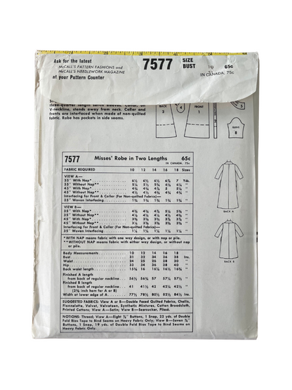 McCalls 7577 Womens Size 10 Dressing Gown Robe