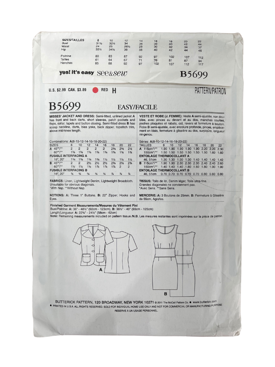 Butterick See &amp; Sew B5699 Womens Size 8-22 Dress Jacket FF