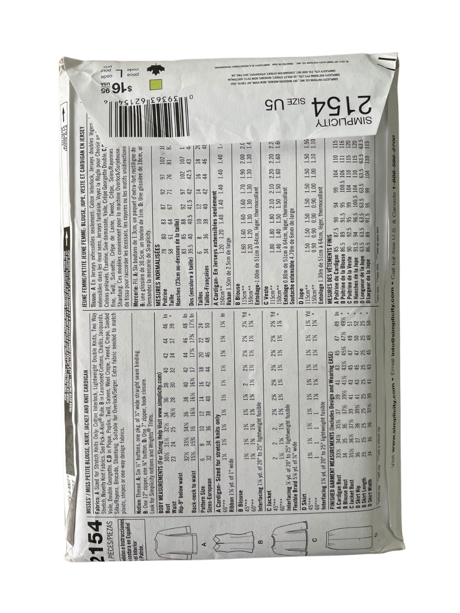 Simplicity 2154 Womens Size 16-24 Suit FF*