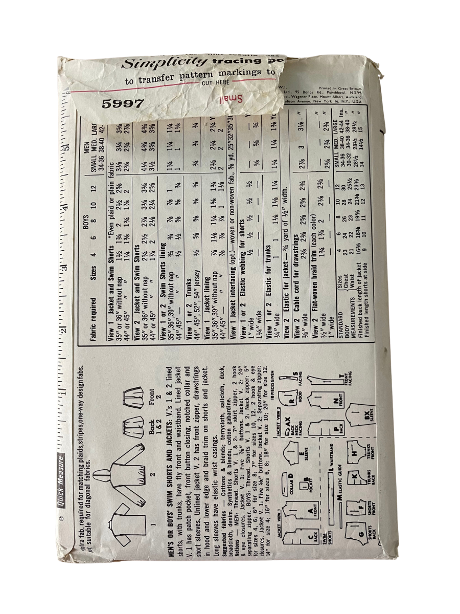 Simplicity 5997 Mens Size S Shorts Jacket Shirt FF