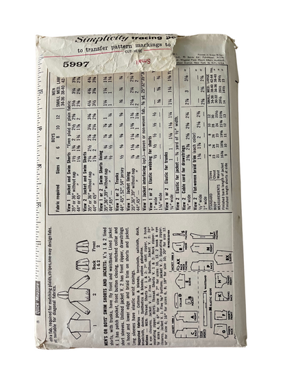 Simplicity 5997 Mens Size S Shorts Jacket Shirt FF