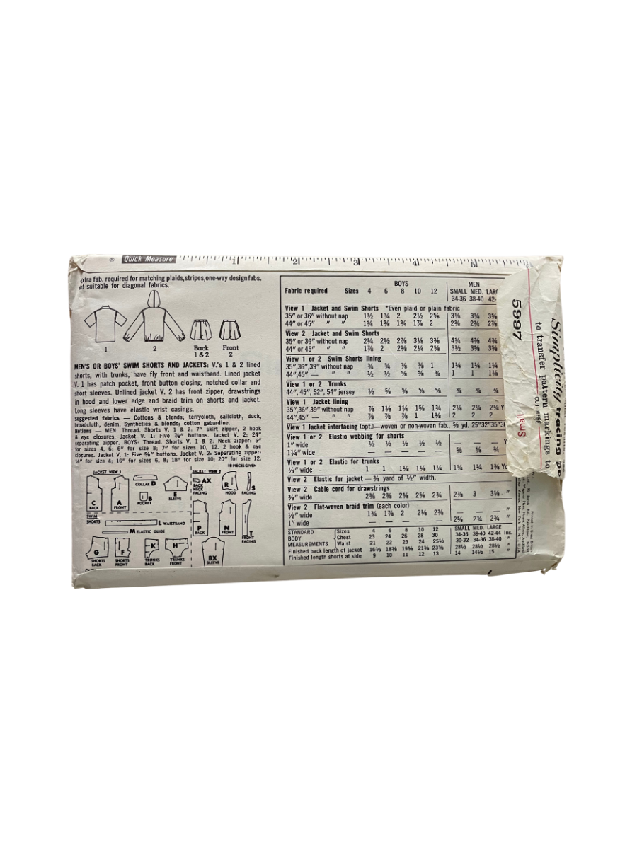 Simplicity 5997 Mens Size S Shorts Jacket Shirt FF