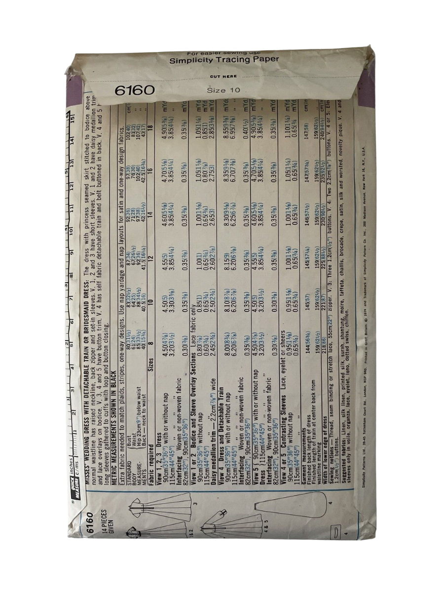 Simplicity 6160 Womens Size 10 Wedding Dress Bridesmaid