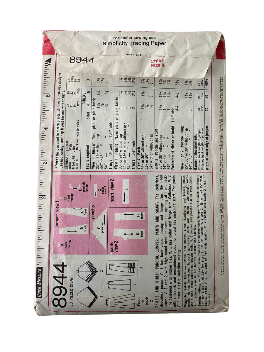 Simplicity 8944 Child Size 4 Poncho Dress Trousers *