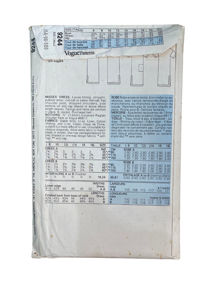 Vogue 9244 Womens Size 14-16 Dress FF