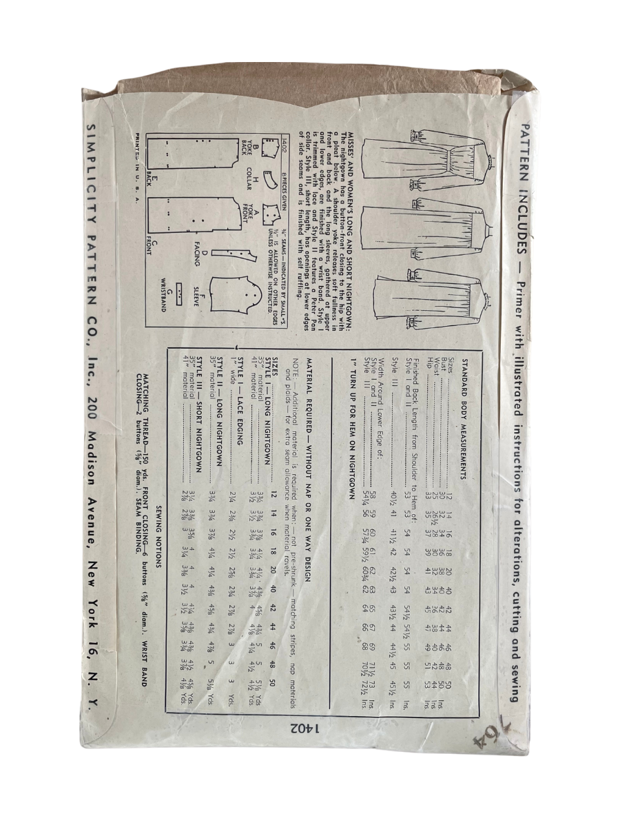 Simplicity 1402 Womens Size 20 Nghtdress Nightgown