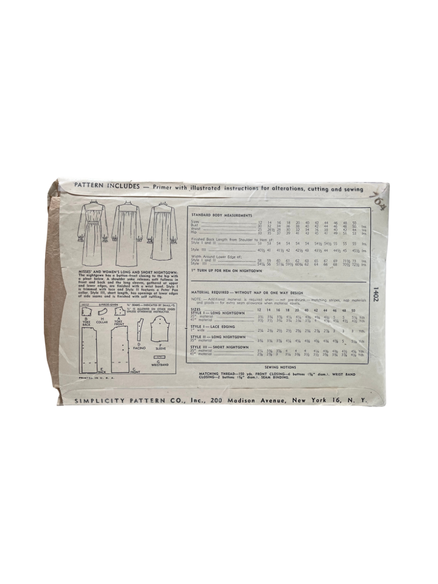 Simplicity 1402 Womens Size 20 Nghtdress Nightgown