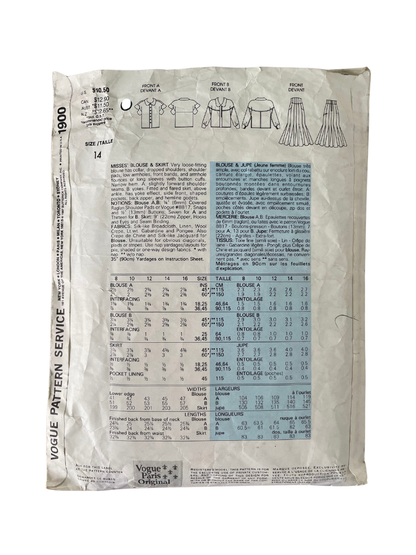 Vogue 1900 Womens Size 12 Blouse Skirt