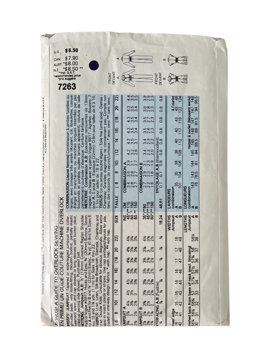 Vogue 7263 Womens Size 12 Jumpsuit Playsuit