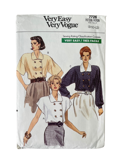 Vogue 7726 Womens Size 8-12 Petite Blouse Shirt Top