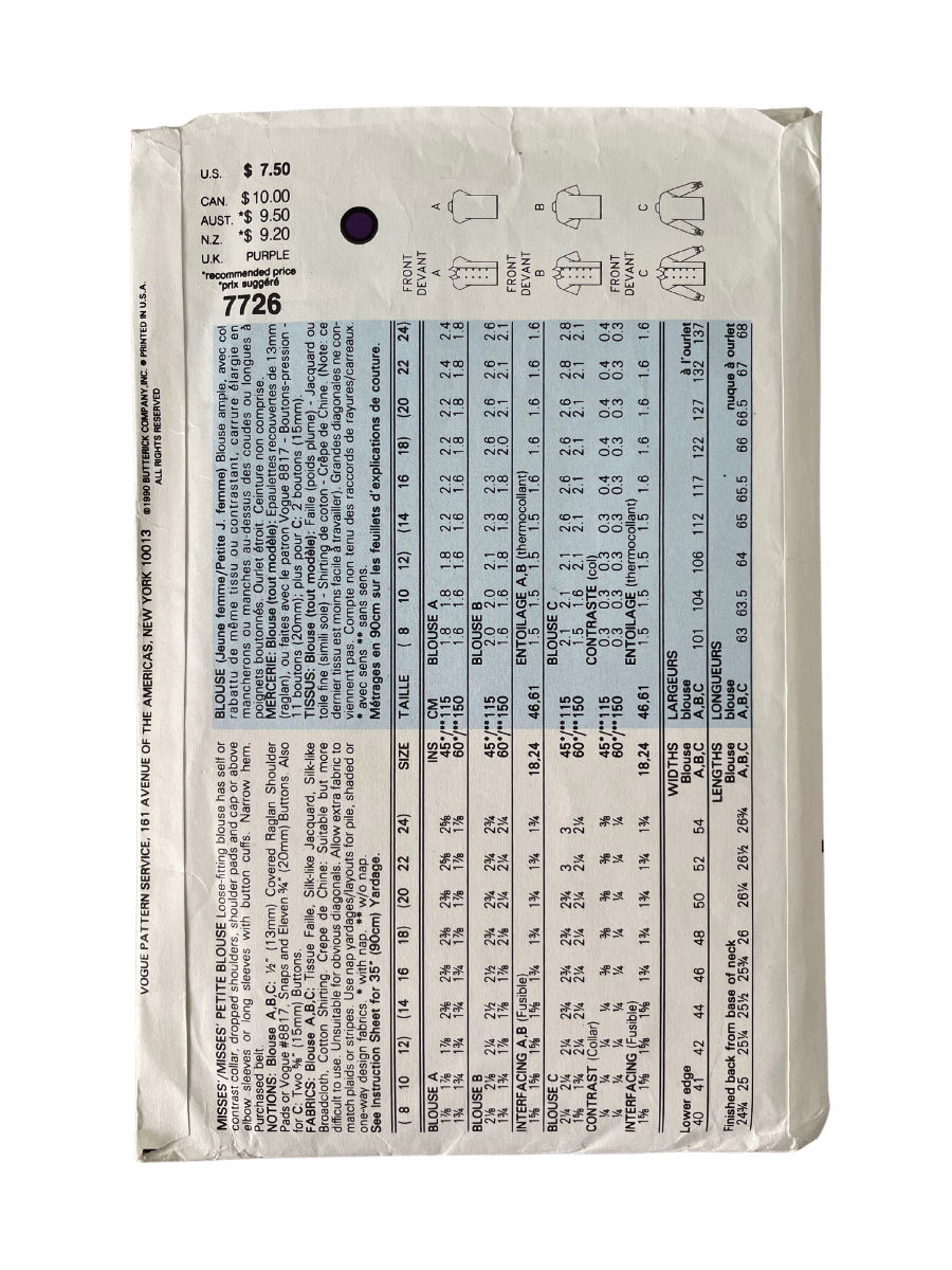 Vogue 7726 Womens Size 8-12 Petite Blouse Shirt Top