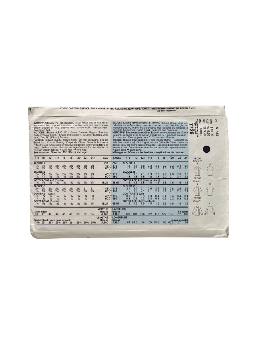 Vogue 7726 Womens Size 8-12 Petite Blouse Shirt Top