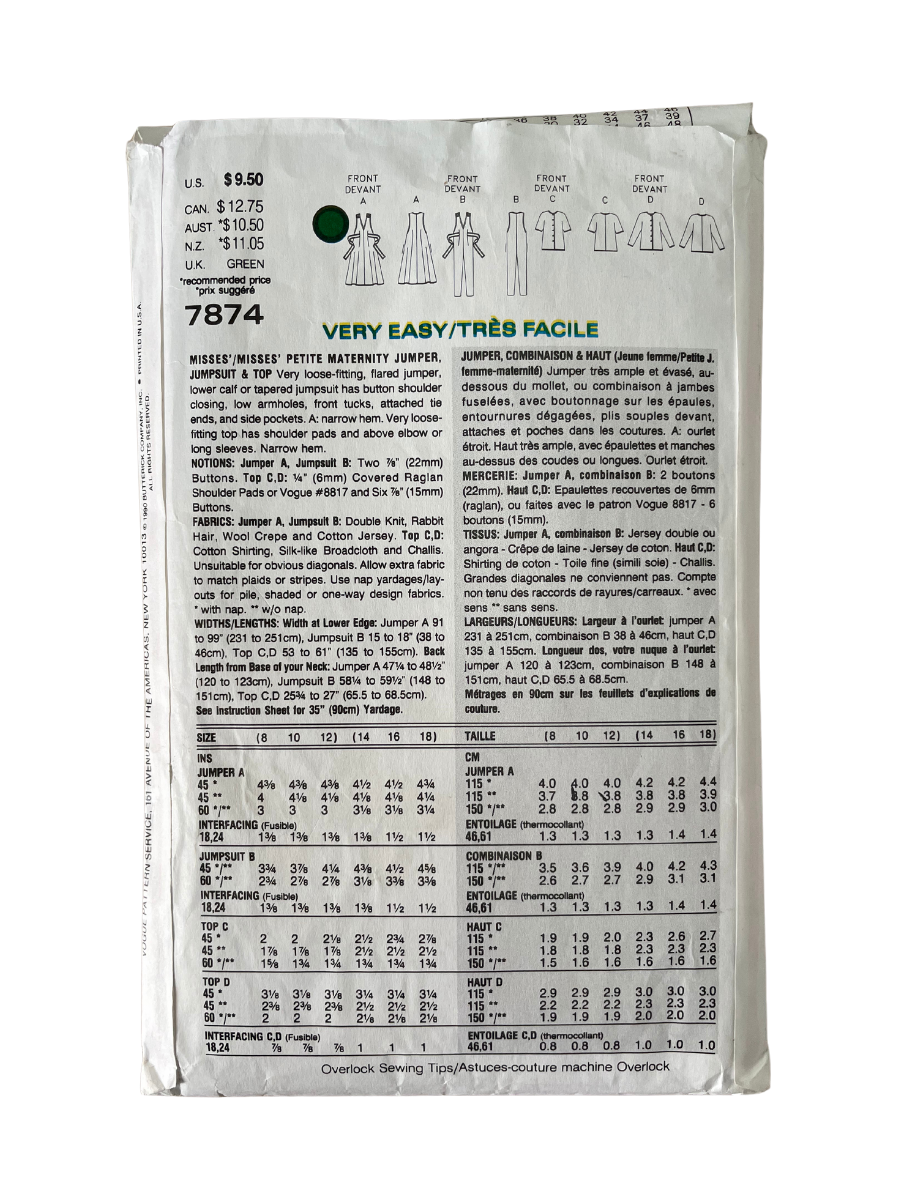 Vogue 7874 Womens Size 8-12 Maternity Dress Jumpsuit Top