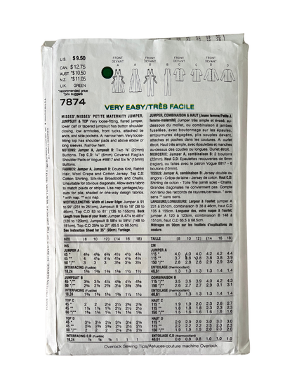 Vogue 7874 Womens Size 8-12 Maternity Dress Jumpsuit Top