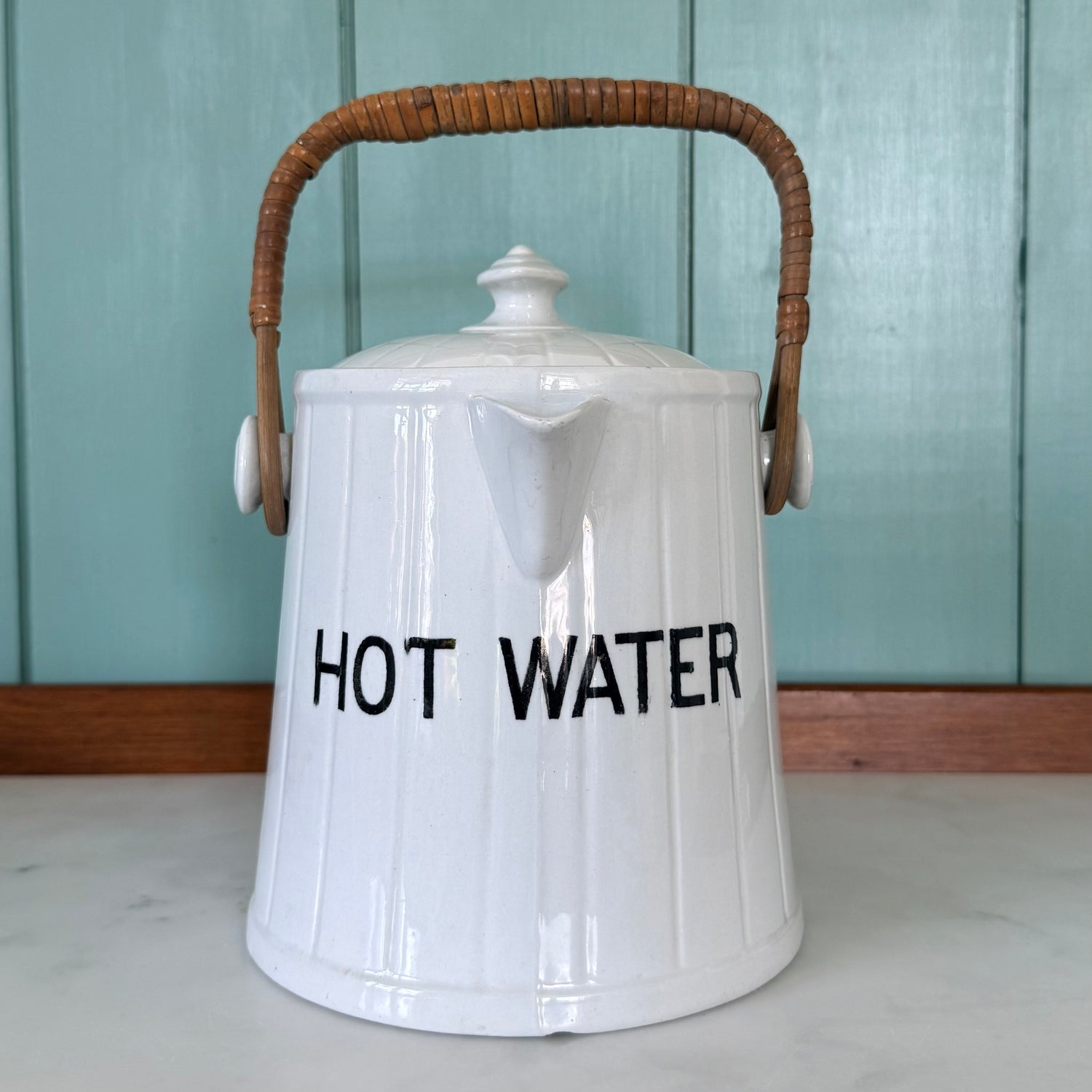 Antique Edwardian White Ironstone HOT WATER Jug Wicker Handle &amp; Lid