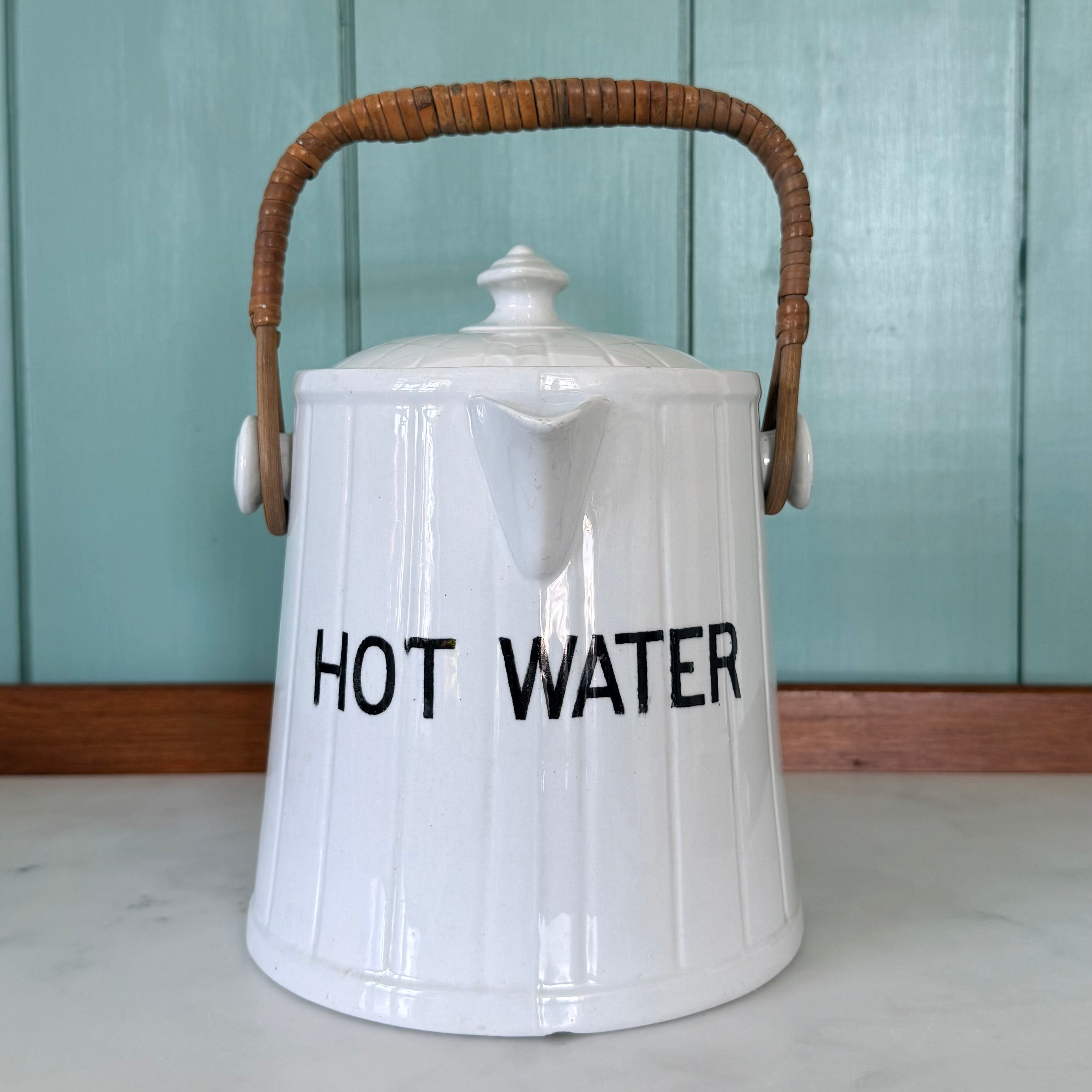 Antique Edwardian White Ironstone HOT WATER Jug Wicker Handle &amp; Lid