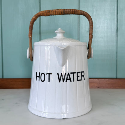 Antique Edwardian White Ironstone HOT WATER Jug Wicker Handle &amp; Lid