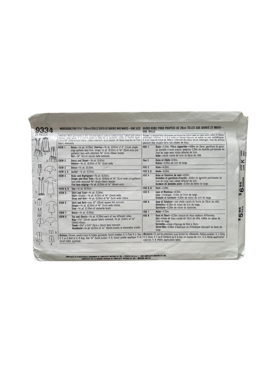 Simplicity 9334 Doll Size 11&