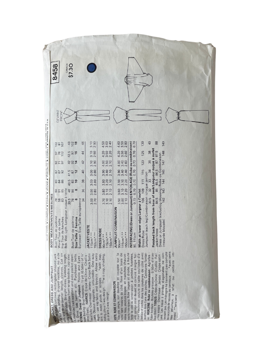 Vogue 8458 Womens Size 10 Jumpsuit Dress Jacket