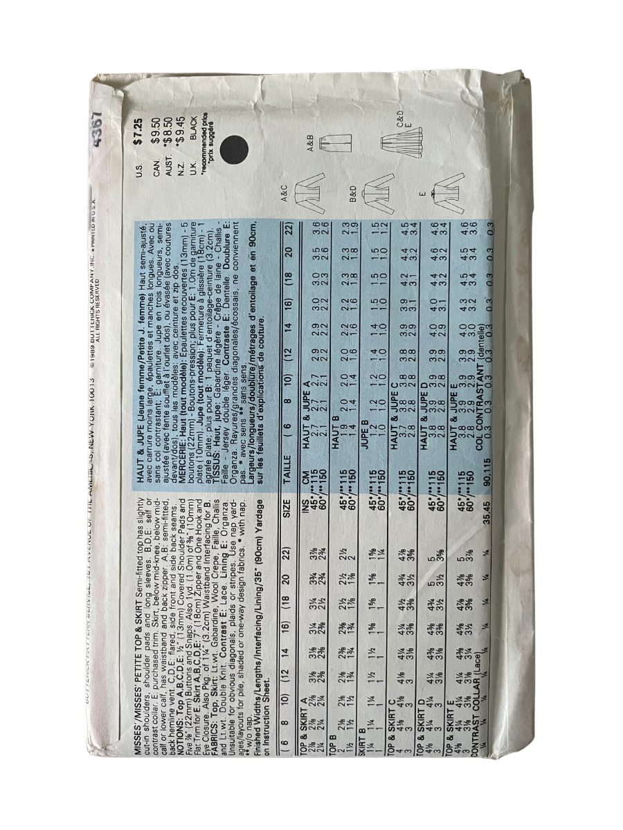 Butterick 4367 Womens Size 6-8 Petite Jacket Skirt FF