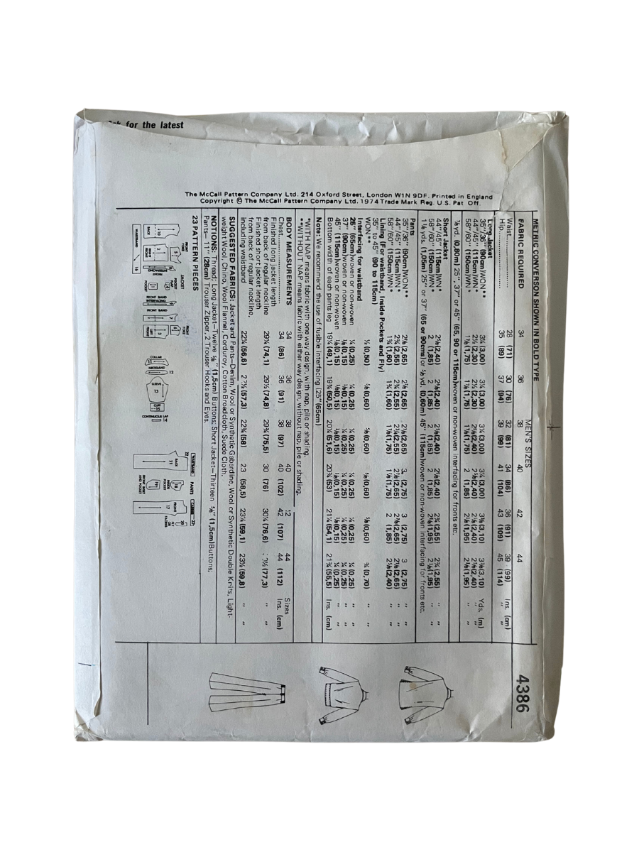 McCalls 4386 Mens Chest 42&quot;/Waist 36&quot; Jacket Trousers FF