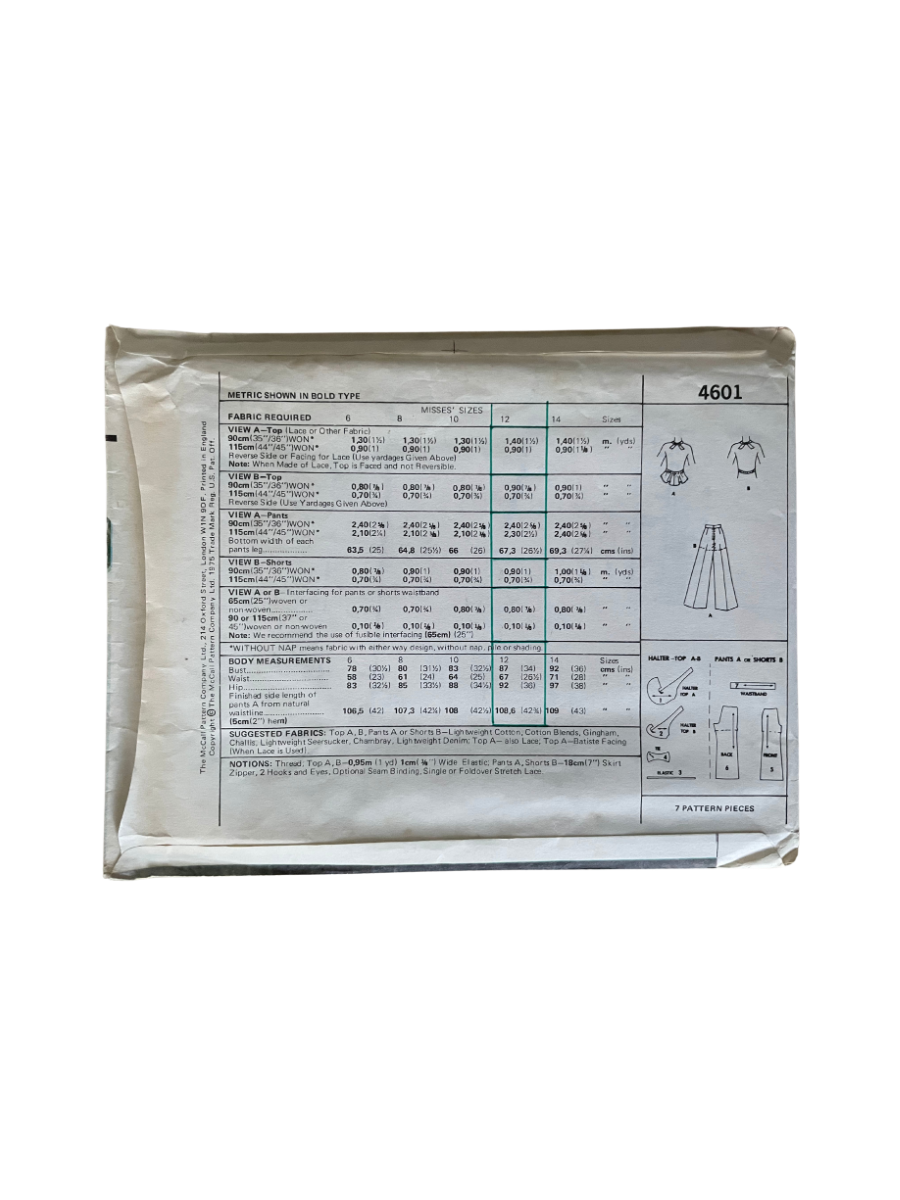 McCalls 4601 Womens Size 10 Halter Top Trousers Shorts FF