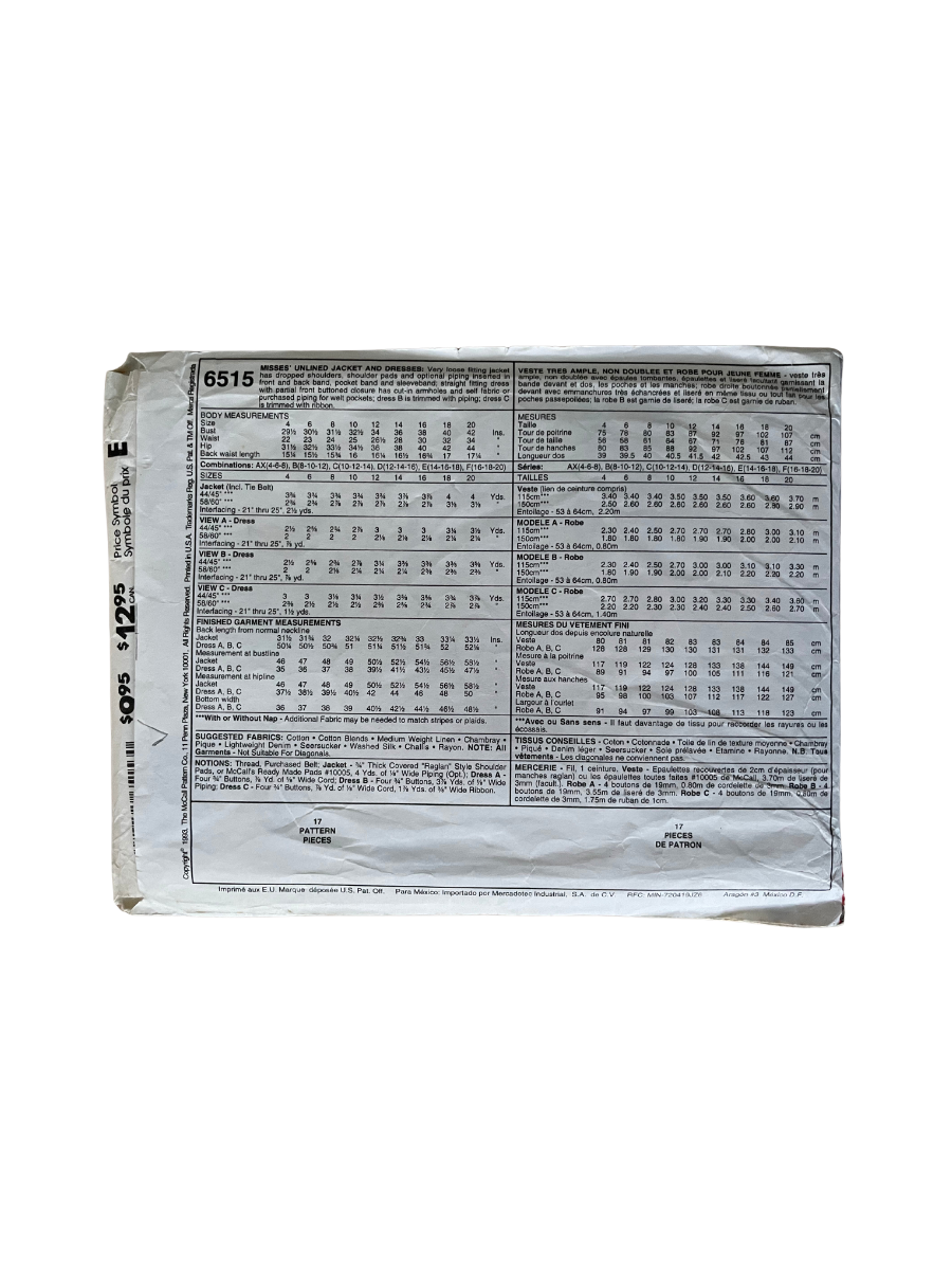 McCalls 6515 Womens Size 8-12 Dress Jacket FF