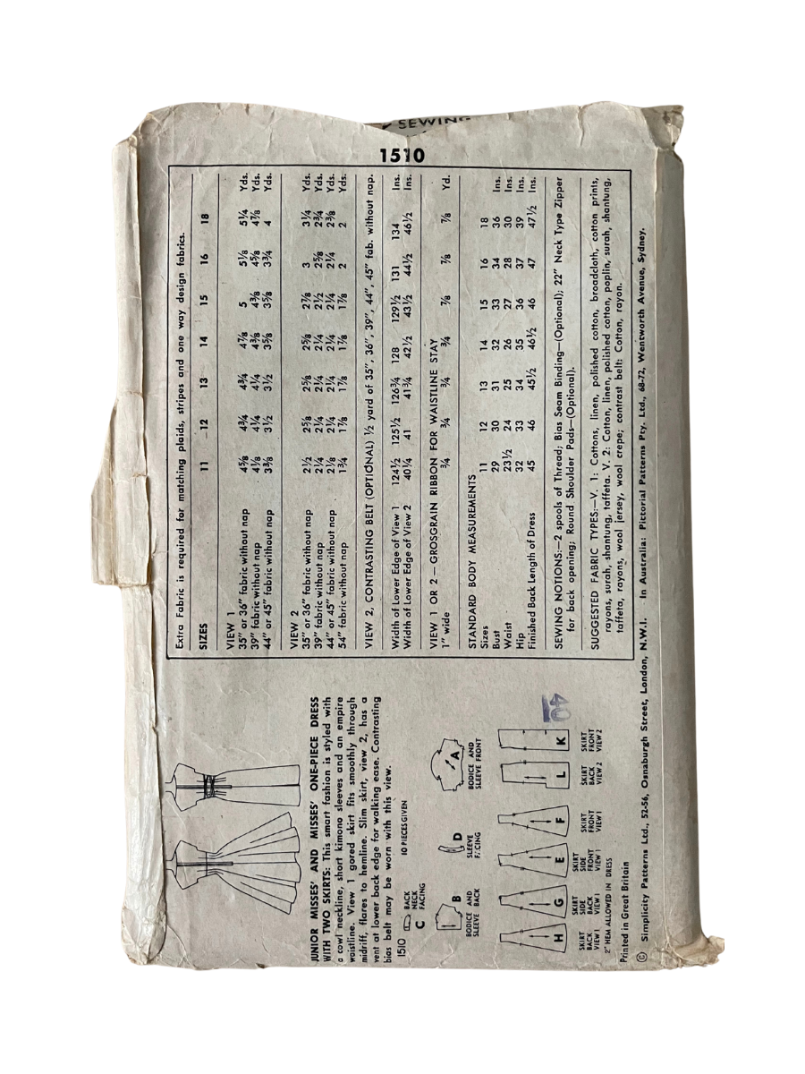 Simplicity 1510 Womens Size 12 Dress FF