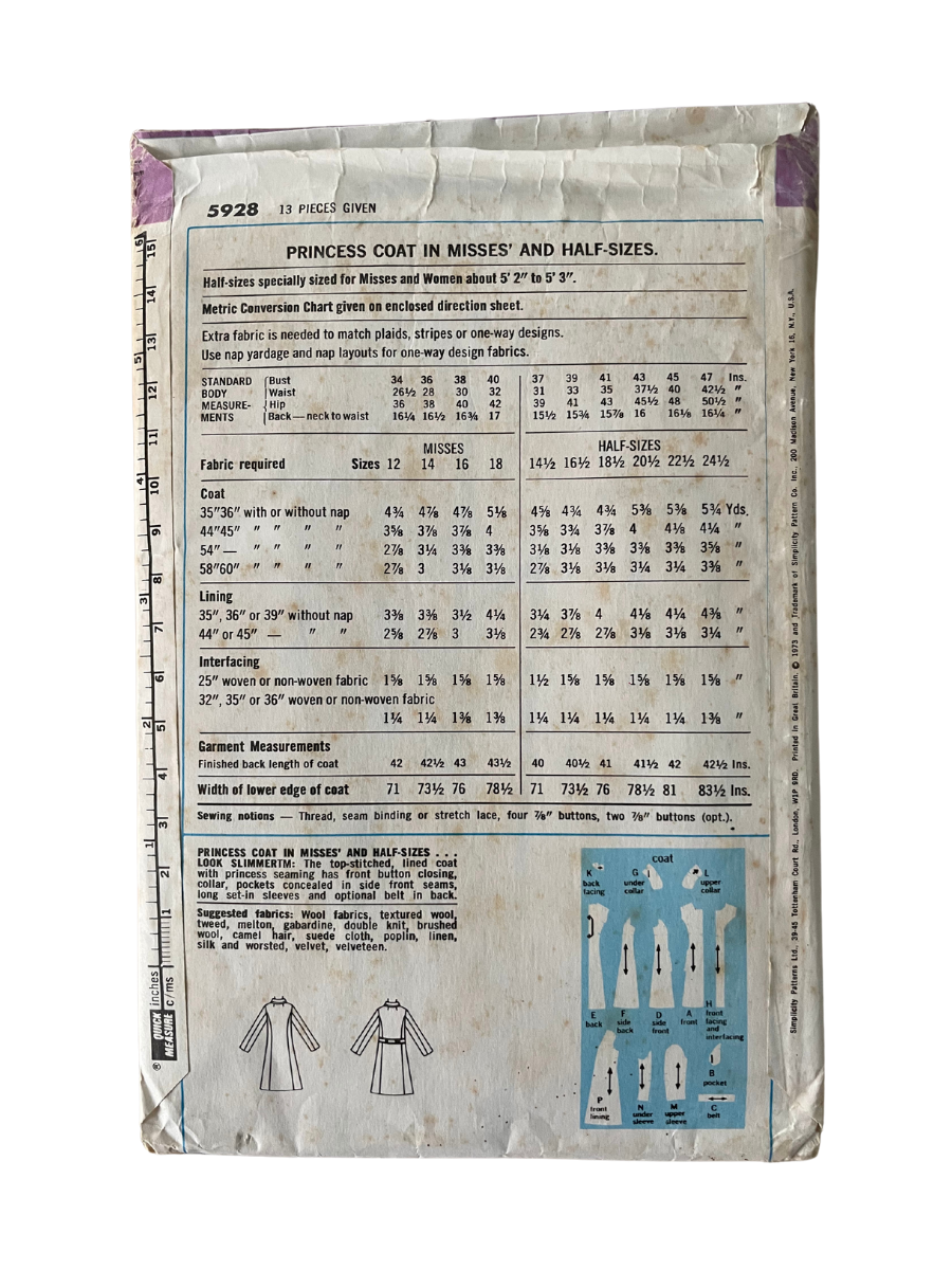 Simplicity 5928 Womens Size 12 Coat FF