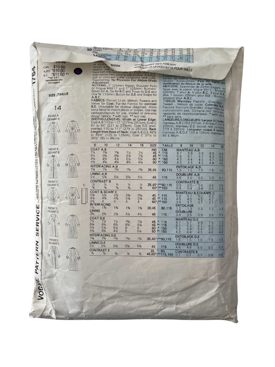 Vogue 1764 Womens Size 12 Coat