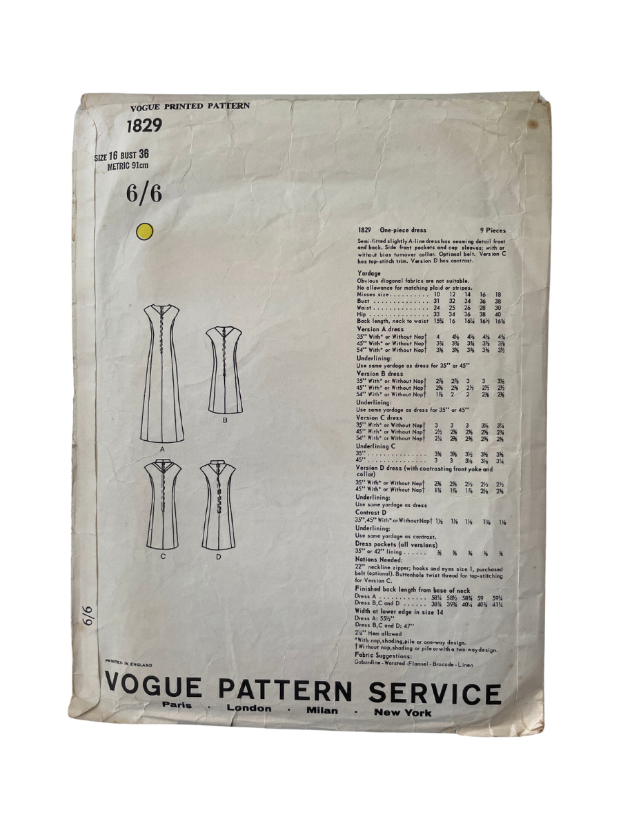 Pattern V1829 Vogue 1829 Womens Size 12 Dress – Vintage White Antiques