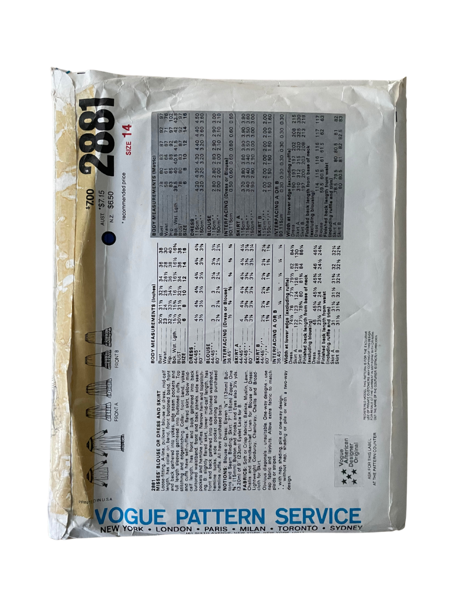 Vogue 2881 Womens Size 12 Blouse Dress Skirt FF