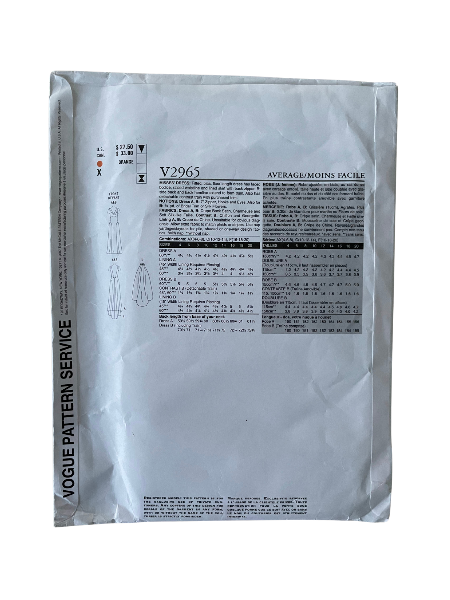 Vogue V2965 Womens Size 8-12 Wedding Dress Bridesmaid FF