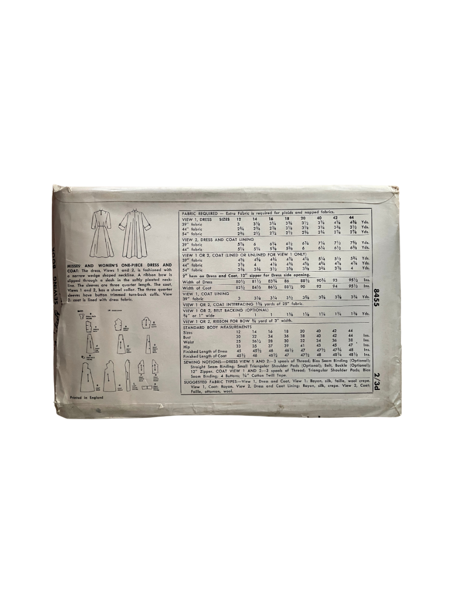 Simplicity 8455 Womens Size 6-8 Dress Coat FF