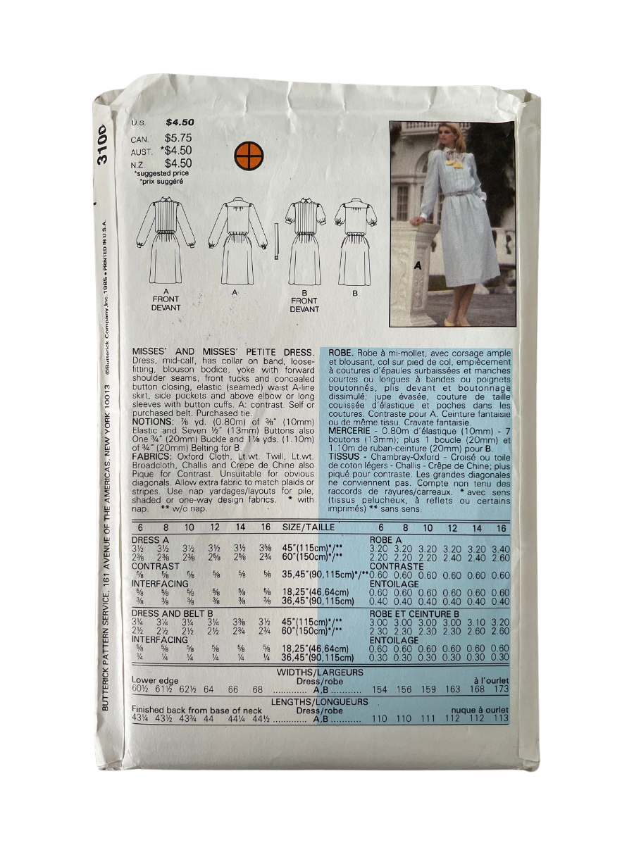 Butterick 3100 Womens Size 10 UK Petite Dress FF