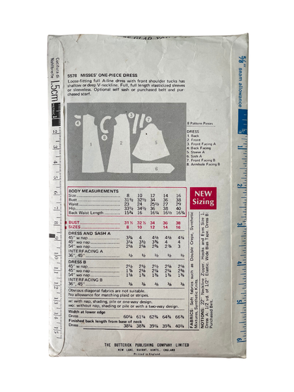 Butterick 5578 Womens Size 8 UK Dress