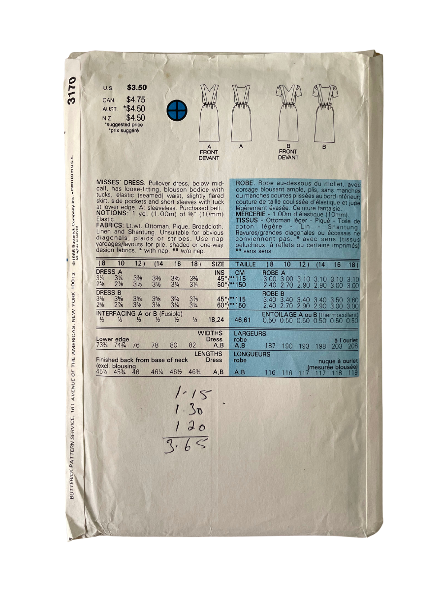 Butterick 3170 Womens Size 6-10 UK Dress FF