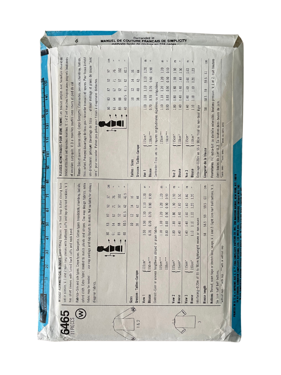 Simplicity 6465 Womens Size 10 UK Blouse Top FF