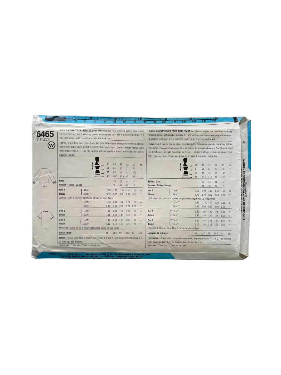 Simplicity 6465 Womens Size 10 UK Blouse Top FF
