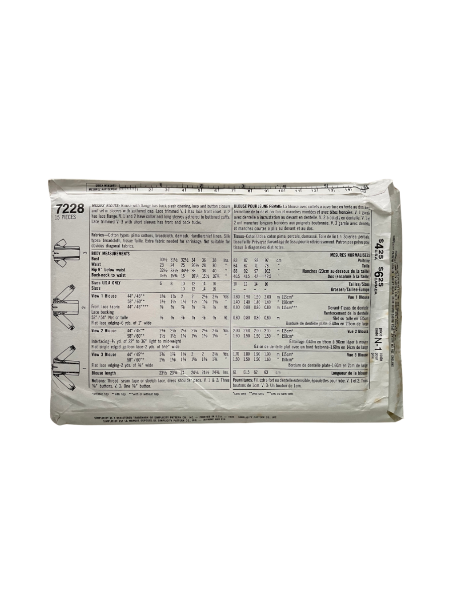 Simplicity 7228 Womens Size 10 Blouse Top Shirt FF