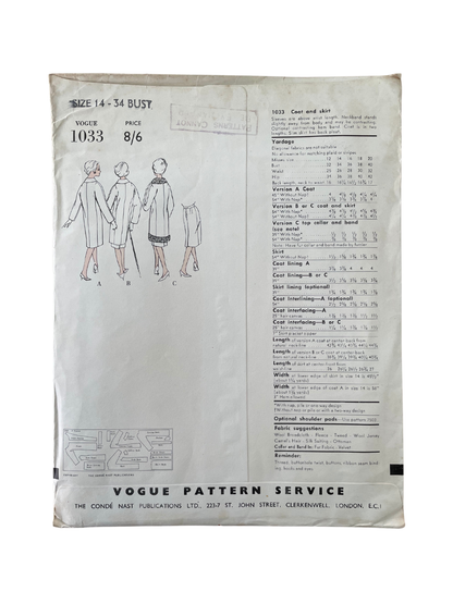 Vogue 1033 Womens Size 10 UK Coat Skirt FF