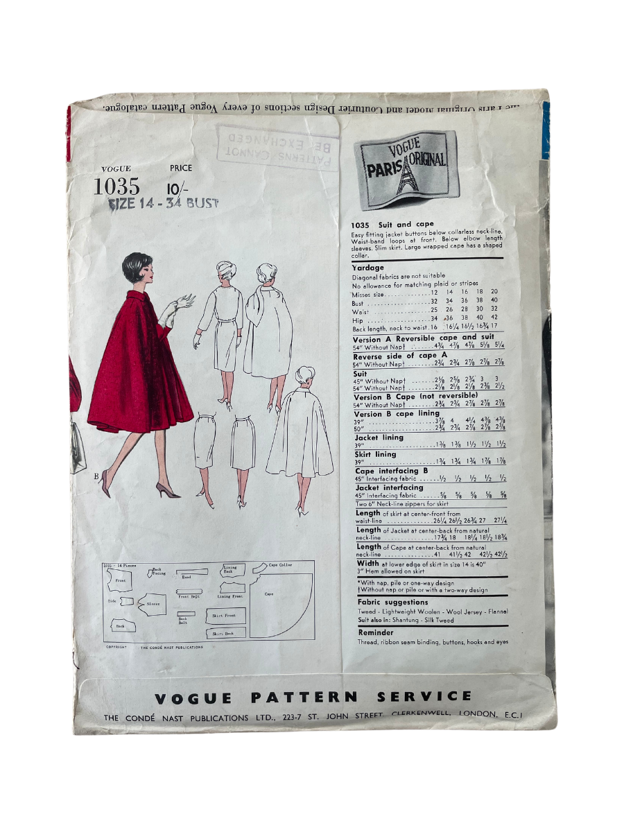 Vogue 1035 Womens Size 10 UK Skirt Jacket Cape