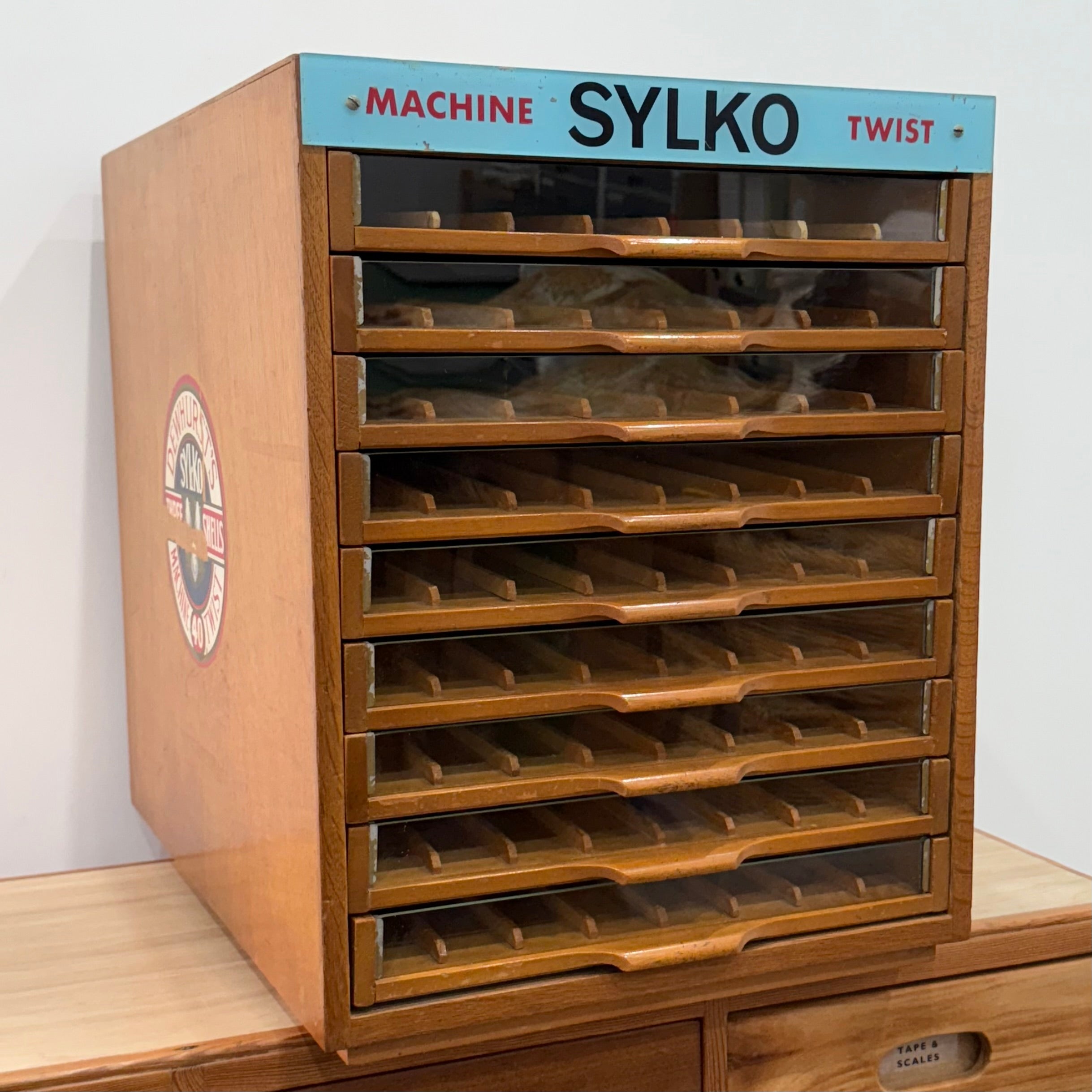 Sylko Machine Twist Oak Haberdashery Cabinet with Glass Drawers