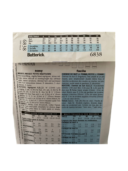 Butterick 6838 Womens Size L-XL UK Petite Nightdress Nightgown FF