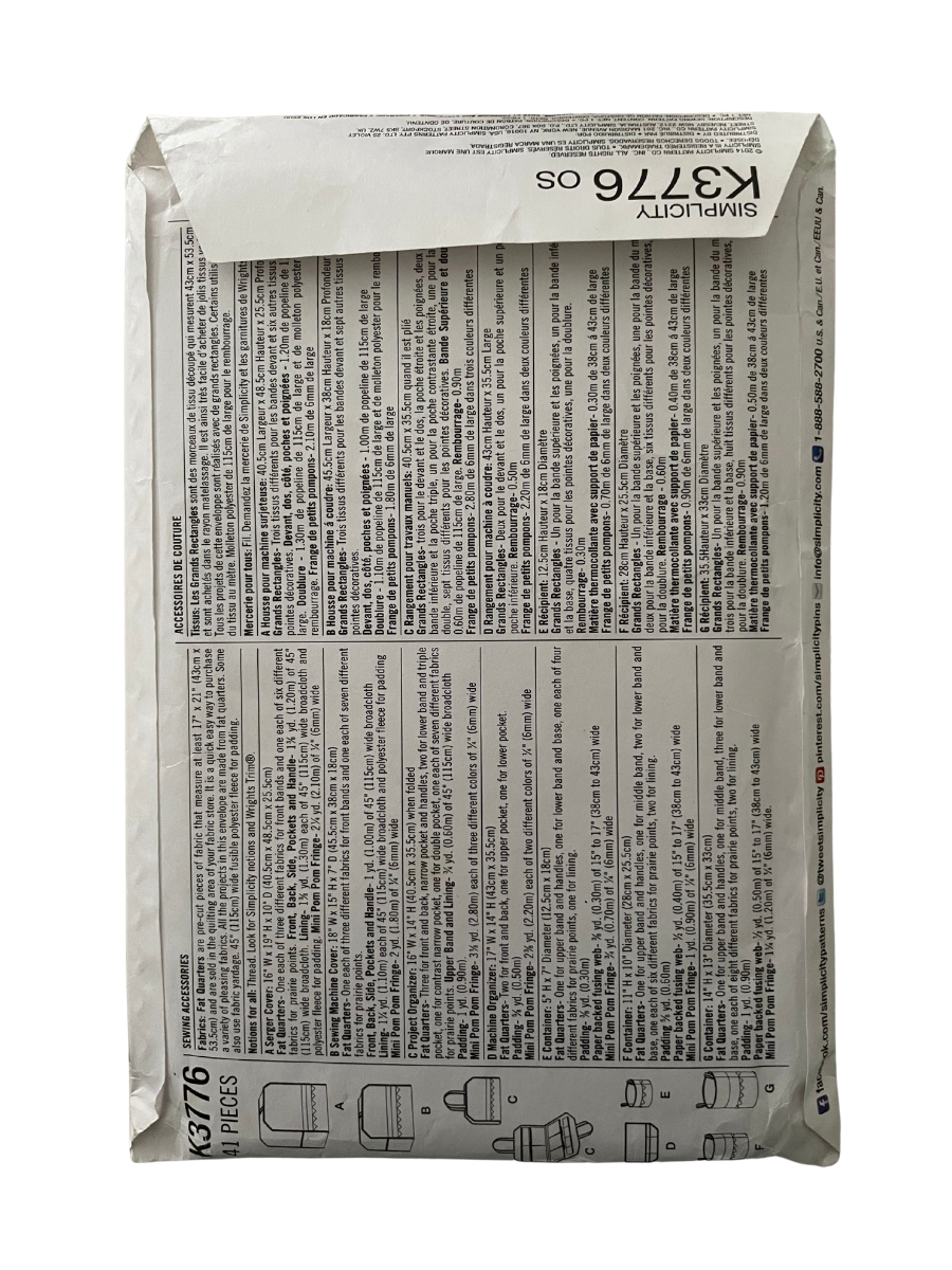 Simplicity K3776 One Size Sewing Accessories Bag Basket Cover FF