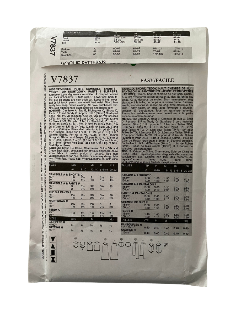 Vogue V7837 Womens Size 14-20 UK Petite Camisole Top Bottoms Nightdress FF